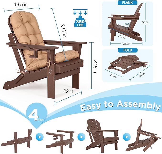 nalone Folding Adirondack Chair with Cushion with Cup Holder, HDPE Plastic Oversized Patio Chair Weather Resistant, Used in Outdoor, Fire Pit, Deck, Garden, Campfire Chairs