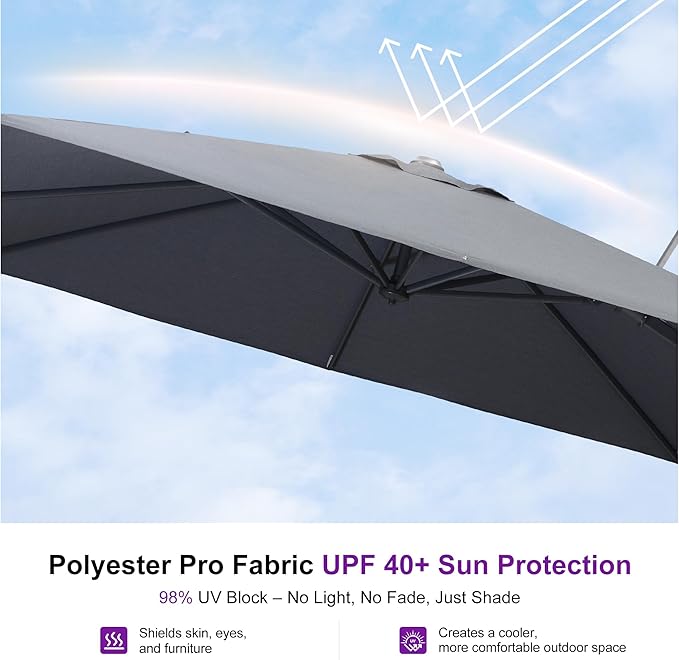PURPLE LEAF 10' X 10' Left-right Tilting Outdoor Patio Umbrella Swivel Offset Cantilever Heavy Duty Rectangle Aluminum Umbrella with UV Resistant for Deck Pool Patio Backyard, Graphite Grey