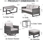 7 Piece Wicker Patio Furniture Set - Outdoor Swivel Rocker Chairs Set with Coffee Table, Side Table, 3 Seat Sofa & Ottomans, Small Patio Conversation Sets for Balcony Deck - Grey/Beige