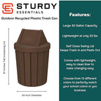 42 Gallon Round Slatted 100% Recycled Plastic Indoor or Outdoor Commercial Trash Can with Easy Access Swing Top Lid | Great for Schools and Businesses - Brown Granite