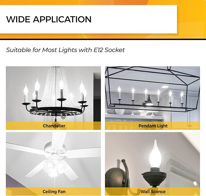 Hizashi Candelabra LED Light Bulbs, 90+ CRI, E12 LED Bulb Dimmable 40W, 5000K Daylight White 4W 450LM, CA10 Chandelier Light Bulbs, Flame Tip Candle Light Bulbs, UL Listed - 24 Pack