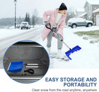 Ergonomic Large Snow Shovel for Driveway: 48-Inch Dual-Lock Knob Anti-Wobble Handle, 16" Plastic Blade w/Metal Edge, Ultra-Light 1.9 lb, Portable Aluminum Shaft, Car, Camping & Emergency, Blue