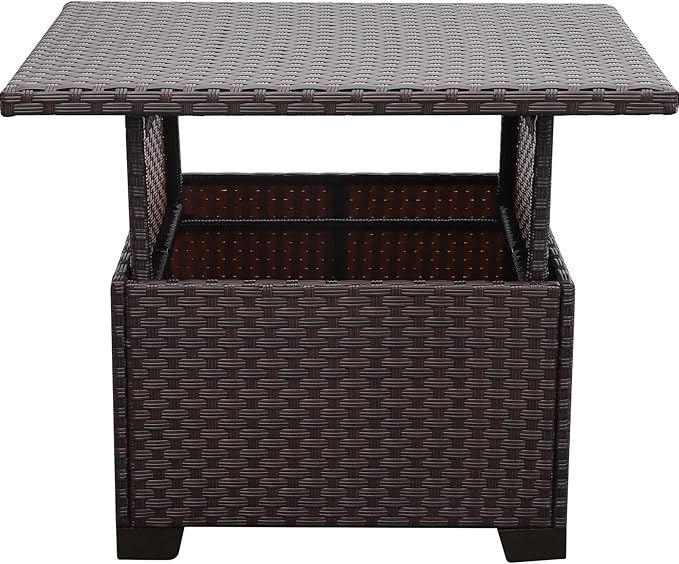 Outdoor Table with Storage Outside Patio Table Wicker Convertible Coffee Table All-Weather Rattan Coffee Table, Brown