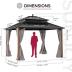 SUNJOY Kingston 12' x 10' Hardtop Gazebo with Galvanized Steel Double Roof, Curtain and Netting, Woodgrain Finish Aluminum Posts Permanent Pavilion Gazebo for Garden, Patio, Deck, Lawn