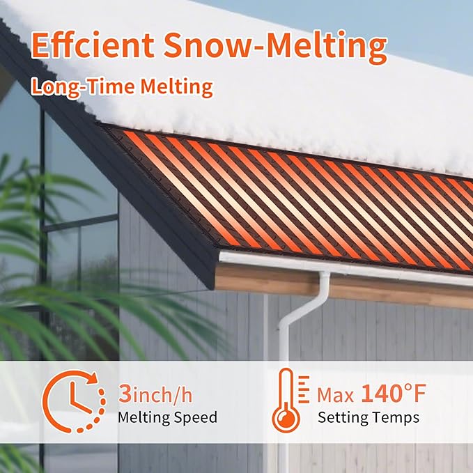 Snow Melting Mats for Roof Valley Walkways, Anti-Slip 120V Outdoor Heated Ice Removal, Roof Deicing System Black 19 in x 8 ft
