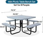 8-Person Picnic Tables for Outdoors, Industrial 46" Expanded Metal Square Picnic Table with 4 Benches & Umbrella Hole, Outside Table and Bench Set for Garden, Backyard, Porch, Patio, Grey