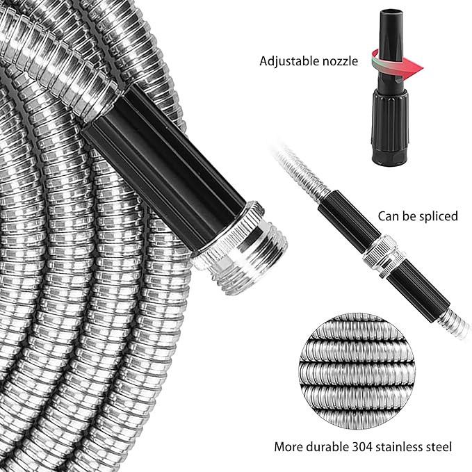 75ft Metal Garden Hose Stainless Steel Heavy Duty Water Hose With 2 Nozzles, No Tangle and Kink, Lightweight & Flexible, Tough and Pet Proof, Metal Garden Hose for Yard, RV, Garden, Outdoor