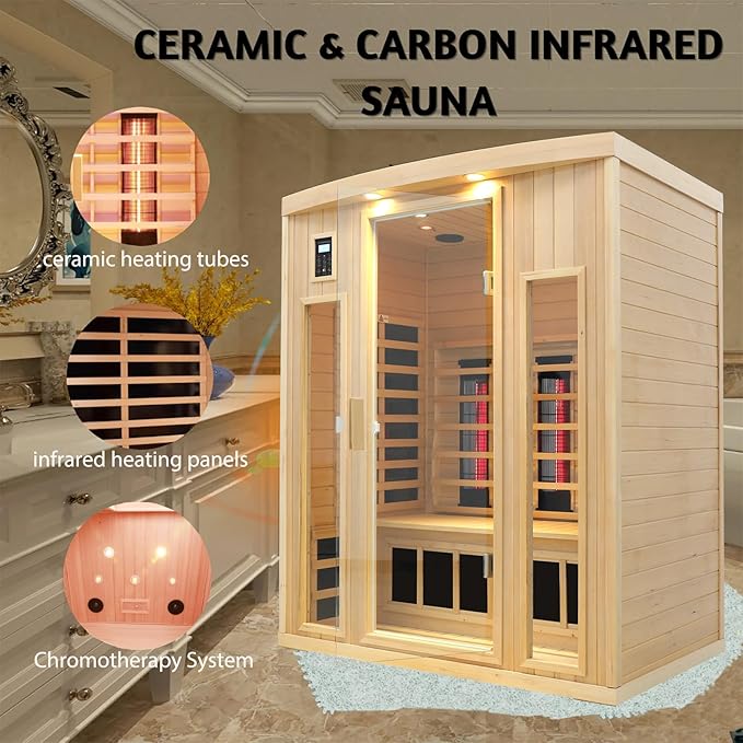 Ceramic Infrared Sauna 3 Person, Infrared Saunas for Home, Low EMF Far Infrared Sauna, Indoor Home Sauna Spa, Hemlock Wooden Sauna with Bluetooth Speaker, Chromotherapy Lamp, 2050W