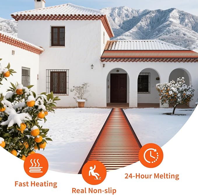Snow Melting Mats for Roof Valley Walkways, Anti-Slip 120V Outdoor Heated Ice Removal, Roof Deicing System Black 19 in x 8 ft