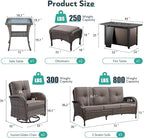 7 Piece Patio Furniture Set with Fire Pit Table - Wicker Patio Conversation Set with Swivel Glider, 3 Seat Sofa, Side Table and 2 Ottomans for Deck Backyard - Brown Wicker Grey Cushion