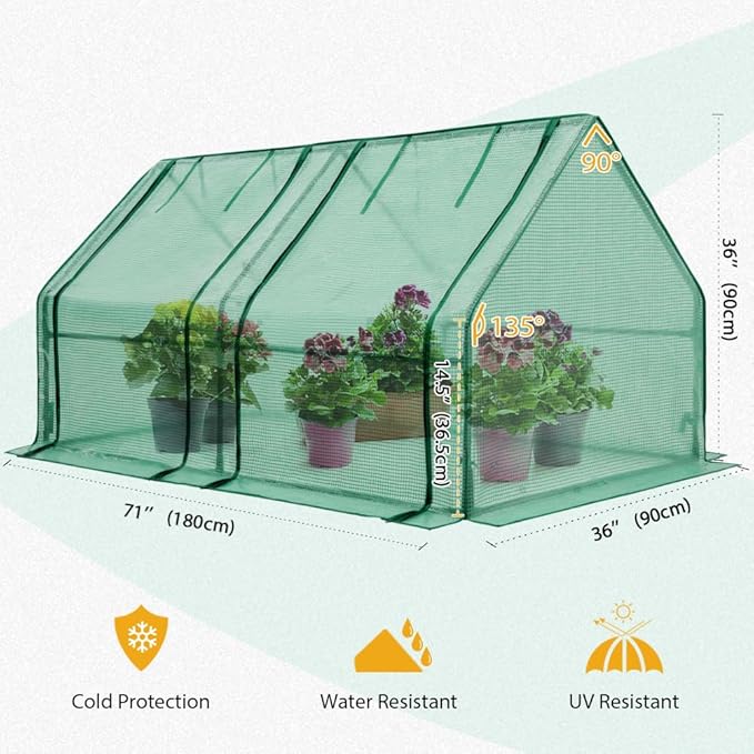 EAGLE PEAK Tunnel Greenhouse Garden Green House with Roll-Up Zipper Doors, Portable, 71"x36"x36", Clear/Green PE Cover