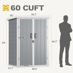 DWVO 60 Cuft Outdoor Tall Storage Shed with 2 Shelves, Weatherproof Vertical Tool Shed with Floor & Lockable Doors, Sturdy Double-Wall Plastic Cabinet for Garbage Cans and Garden Equipment (Gray)