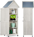 Wooden Outdoor Storage Cabinet with Waterproof Metal Roof Vertical Garden Tool Shed Adjustable Shelves, Perfect for Yards, Patios, Decks and Porches (Light Gray, 22" x 26" x 67")