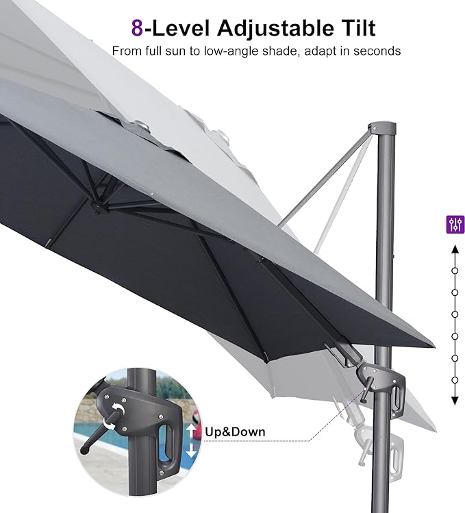 PURPLE LEAF 10' X 6.5' Swivel Outdoor Patio Aluminum Umbrella with Base Left-right Tilting Cantilever Offset Umbrella with UV Resistant Heavy Duty Fabric for Deck Pool Patio Backyard, Graphite Grey