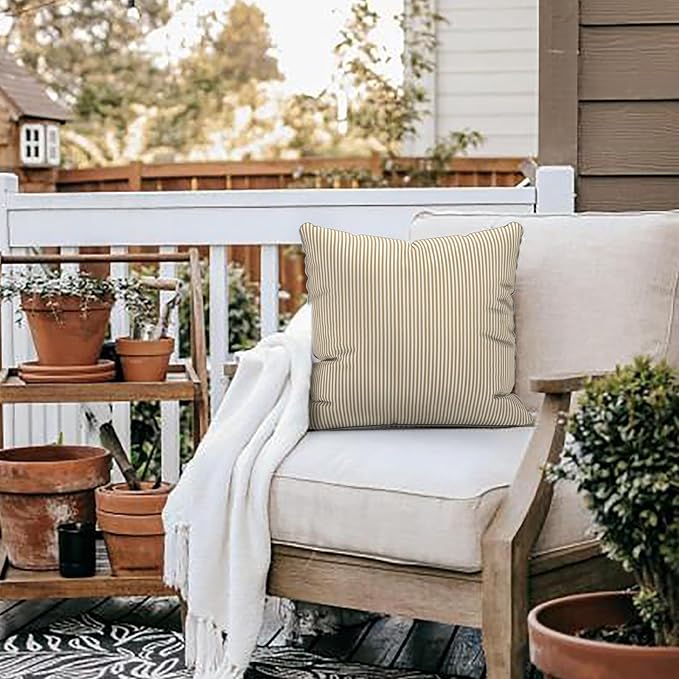 LVTXIII Set of 2 Patio Throw Pillows Waterproof 18"x18" Fade Resistant Outdoor Throw Pillows with Inserts, Fluffy Decorative Garden Toss Pillow Cushions for Home Patio Coach Sofa Use, Strip Beige