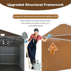 12x8 FT Outdoor Steel Storage Shed with Clear Windows, Sliding Lockable Door & Ventilation, Brown and White Weather-Resistant Metal Tool Shed for Garden, Backyard, Lawn, and Utility Storage