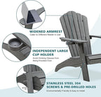 Psilvam Oversized Adirondack Chair, Fade-Resistant & Odor-Free Poly Lumber Fire Pit Chairs with Cup Holder, Weatherproof Outdoor Chair, Easy 15 Min Install Patio Chair, 350 Lbs Support (4, Gray)