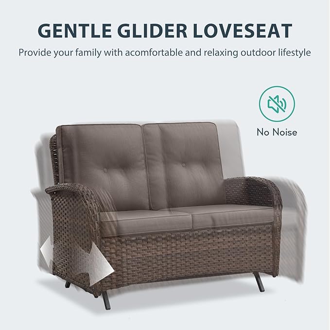 Outdoor Swivel Glider Rocker Chairs Set- 6 Piece Patio Furniture Set with A Glider Loveseat, Tempered Glass Side Table and 2 Ottoman, for Balcony, Porch - Brown Wicker, Grey Cushion