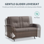 5 Piece Patio Furniture Set with Fire Pit Table - Wicker Patio Conversation Set with Swivel Glider, Glider Loveseat, Tempered Glass Side Table for Deck Backyard - Brown Wicker Grey Cushion