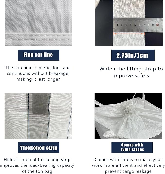 FIBC Bulk Bag - 2650 lbs Capacity, 39x39x39 inches, Polypropylene (PP), Open Top, White, Rectangular, Reusable, 1-Pack