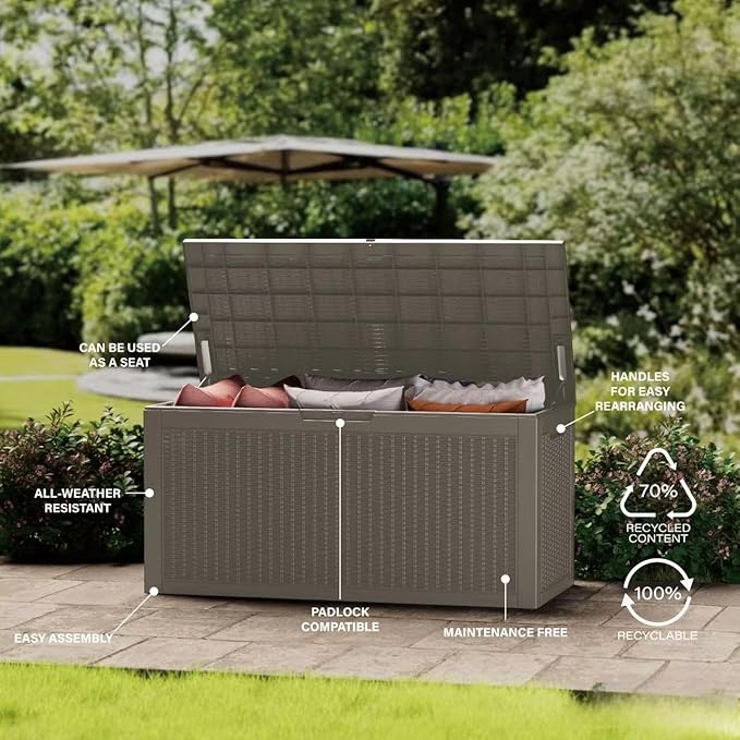 180 Gallon Resin Deck Box, Waterproof Outdoor Storage Bin for Patio Furniture, Pool Accessories, and Garden Tools, Lockable & UV-Resistant, Grey
