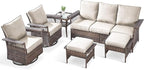 6 Pieces Wicker Patio Furniture Set - Hollow Widen Armrests Outdoor Swivel Glider Chairs and 3 Seat Sofa with Coffee Table & Ottomans for Balcony Porch Deck and Yard - Brown/Beige