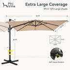 PHI VILLA 9'x12' Outdoor Patio Deck Umbrella with Base. 360° Rotation & 6-Level Tilt with Easy Crank Handle. Rectangle Offset Cantilever Umbrella Heavy Duty for Garden Poolside Backyard (Beige)