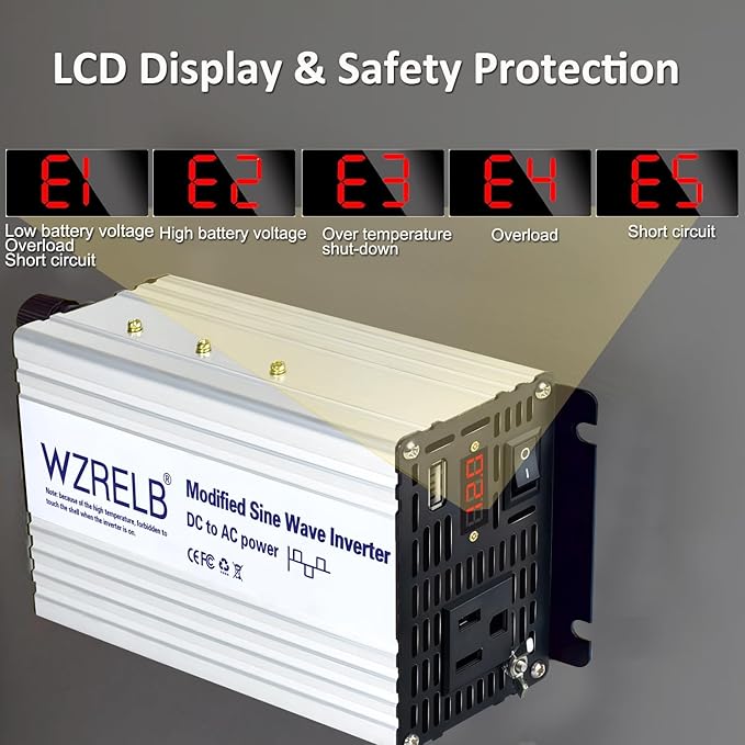 WZRELB 500W Power Inverter 12V DC to 110V 120V AC,Modified Sine Wave Car Inverter for Vehicles with LED Display,5V/2.4A USB Port,Soft Starter,Off-Grid Power Converter with High Efficiency up to 90%