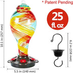 LUJII Hand Blown Glass Hummingbird Feeder for Outdoors Hanging with Ant Moat, 25 fl.oz, Leak Proof & Rustproof, Metal Base with 5 Feeding Ports & 5 Perches, Unique Garden & Backyard Decor (Ribbon)