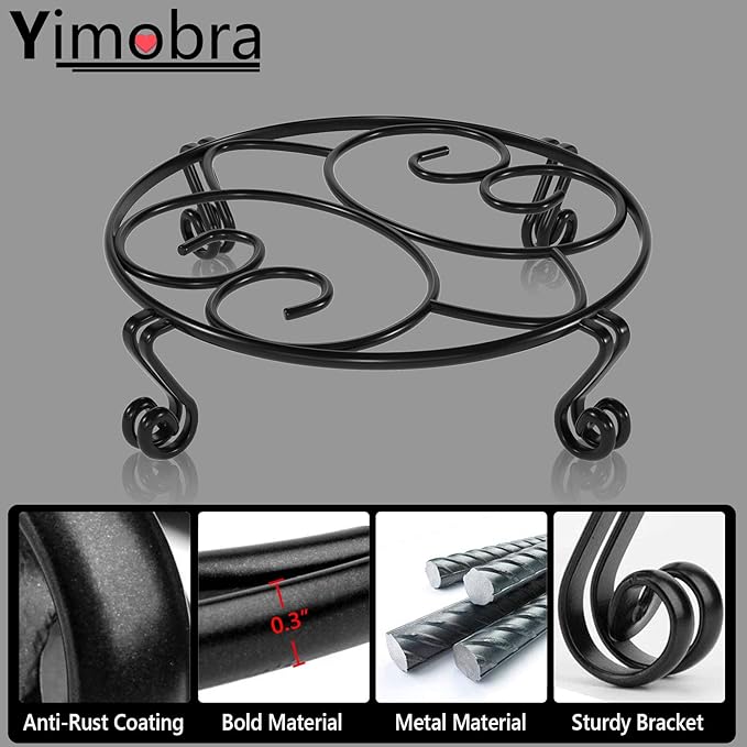 Yimobra Original Patented Plant Stand for Flower Pot Heavy Duty Potted Holder Indoor Outdoor, Metal Rustproof Iron Garden Container Round Supports Rack for Planter, Black, 11.8 Inches