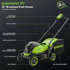 Greenworks 24V 13" Brushless (Push) Cordless Lawn Mower, 4.0Ah Battery and Charger