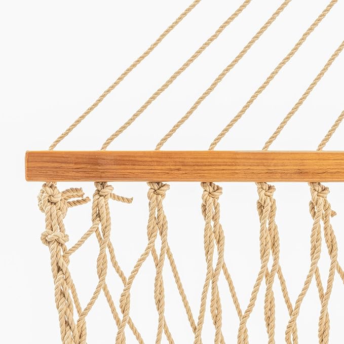 Original Pawleys Island Deluxe Tan DuraCord Rope Hammock – 13 ft. x 60 in., 2-Person, 450 lb Capacity, Oak Spreader Bar, Zinc-Plated Hardware, Handcrafted in The USA