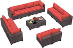 Outdoor Patio Furniture Set, 14 Pieces Outdoor Furniture All Weather Patio Sectional Sofa PE Wicker Modular Conversation Sets with Coffee Table,12 Chairs & Seat Clips(Red)