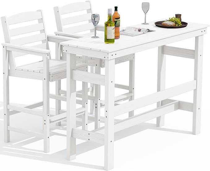 SERWALL All Weather HDPE Outdoor Patio Bar Set, Outdoor Bar Table and Chairs Set, Adirondack Bar Chairs Set of 2 and Bar Height Table, Outdoor Furniture for Outside, Poolside, Backyard, Garden, White