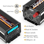 4000 Watt Power Inverter 12V DC to 110V 120V Converter for Family RV Off Grid Solar System Car with Type-C Ports 3 AC Power Outlets Dual USB Ports LCD Display Wireless Remote Control