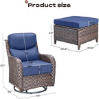 Rilyson Wicker Outdoor Patio Furniture Set - 4 Piece Patio Conversation Set with Swivel Rocker Chairs and Ottomans, 6 inch Cushions, High Back, Deep Seating, for Porch Deck Garden Brown/Blue