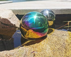 Rainbow Gazing Globe Mirror Ball in Stainless Steel, Shiny Hollow Sphere Sparkling Housewarming Outdoor Ornament (8 Inch)