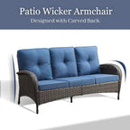 HUMMUH Outdoor Patio Couch-Outdoor Rattan Couch with Thick Cushions Outdoor Sofa for Deck Lawn Porch Balcony Poolside-Brown/Blue