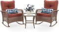 UDPATIO 3 Piece Patio Furniture Set, Wicker Rocking Bistro Set with 2 Rockers, 1 Side Table and 4‘’ Thick Cushions for Backyard, Porch, Balcony, Poolside, Brown/Dark Red
