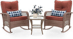 UDPATIO 3 Piece Patio Furniture Set, Wicker Rocking Bistro Set with 2 Rockers, 1 Side Table and 4‘’ Thick Cushions for Backyard, Porch, Balcony, Poolside, Brown/Dark Red