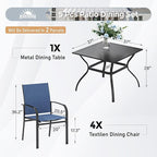 Patio Dining Set for 4, 37”Square Table with Umbrella Hole, 4 Metal Blue Chairs, Outdoor Table and Chairs for Lawn Backyard and Deck