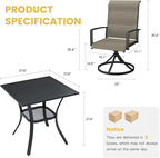 VICLLAX 3 Pieces Small Patio Table and Swivel Chairs for 2, All Weather Patio Dining Set, Black Tabletop and Mixed Brown Fabric