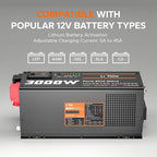 LiTime 3000W Pure Sine Wave Inverter Charger, 12V DC to 110V - 120V AC, 9000W Peak Power, 5A - 45A Adjustable Current, with Remote Control Panel, UPS Function, for RV and Home Backup