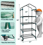 Worth Garden 4 Tier Mini Greenhouse w/ Upgraded Castors Wheels - Portable Small Gardening Green House with PE Cover - Heavy Duty Swivel Castors with Brakes - 64''H x 27''L x 19''W Indoor & Outdoor