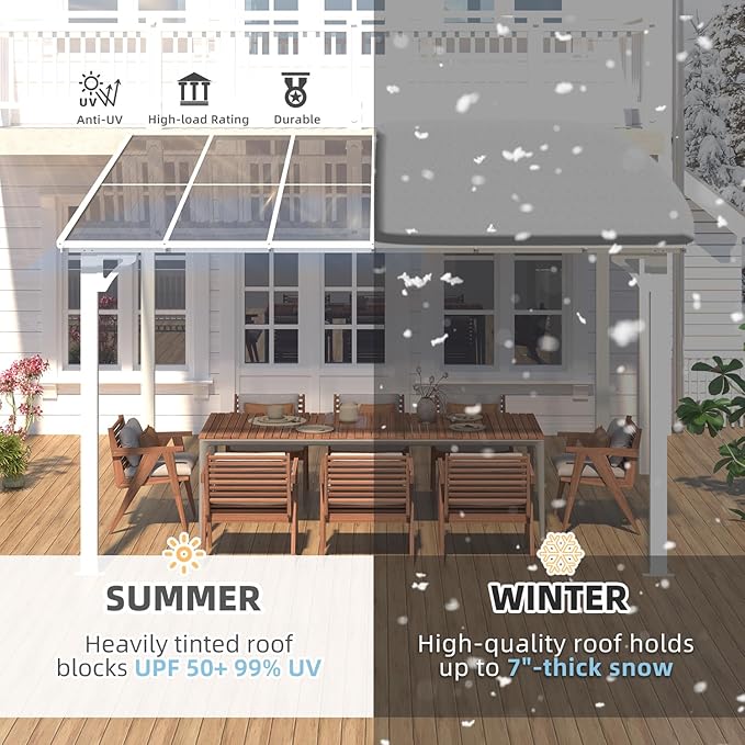 AECOJOY 12' x 10' White Pergola Gazebo, Large Wall Mounted Pergolas and Gazebos on Clearance, Outdoor Patio Lean to Hard Top Gazebo Metal Awnings for Decks,Patio, Porch, Backyard and More