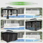 Domi 10’x14’ Hardtop Gazebo with Gutters, Outdoor Metal Gazebo Canopy with Resin & Galvanized Steel Roof, Permanent Pavilion for Patio, Backyard, Lawn, Hot Tub, Curtains and Mosquito Netting Included