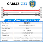 LEESKY 2 AWG Battery Cables 2 Gauge 1Feet Pure Copper Battery Inverter Cables 3/8 Inch Terminals for Golf Cart, Power Inverter, Solar, RV, Marine