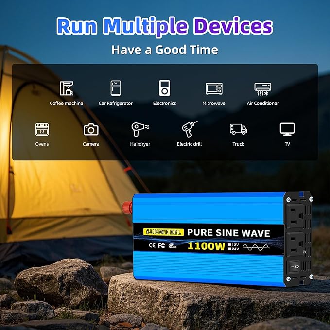 SUNWHEEL 1100 Watt Pure Sine Wave Inverter, Solar Power Inverter, 12V DC to 110V AC Converter for RV, Home, Truck, Coffee Maker, Washer, TV, Fridge, Solar Power Pack with 2 AC Outlets and LCD Display
