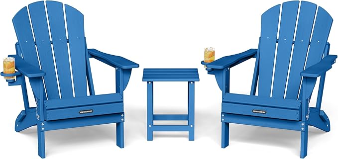 MUCHENGHY Folding Adirondack Chairs and Table Set, Outdoor Chair, Adirondack Chair Plastic, Fire Pit Chair, Weather Resistant with Cup Holder for Deck, Backyard, Garden(Navy Blue, 3-Piece)