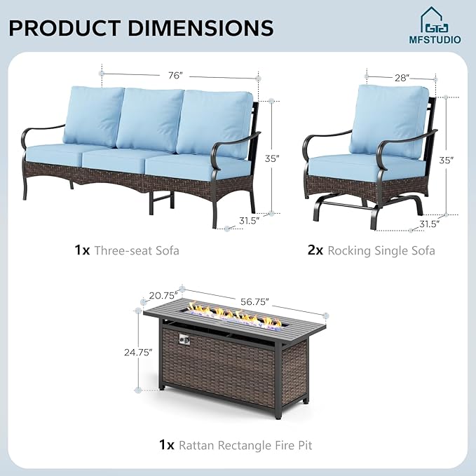 MFSTUDIO 4 Pieces Outdoor Patio Furniture Set, Metal Outdoor Conversation Set, Rattan Wicker Patio Sectional Set with 2 x Rocking Single Sofa, 3-Seat Sofa, 1 x Fire Pit Table, Blue